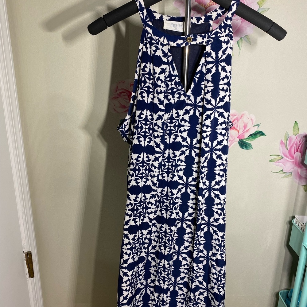 Peach Love California Blue and White Halter Midi Sundress  Size S